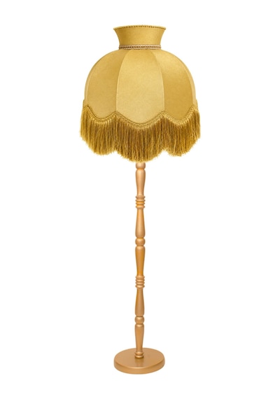 Büyük Boy Taçlı Gold Kadife Başlık Gold Ahşap Ayaklı Lambader Vintage Model 170x50cm
