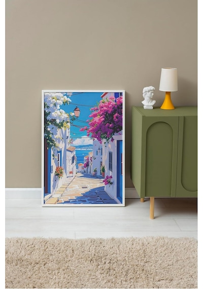 Zestia Beyaz Çerçeveli Tablo, Yunan Adası Sokak Manzarası, Balkon Dekoru Poster No: 111245 50 X 70