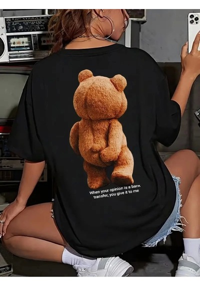 Wear Vexel Kadın Tişört Büyük Boy Ayıcık Baskılı Bisiklet Kısa Kol T-shirt - Siyah Siyah