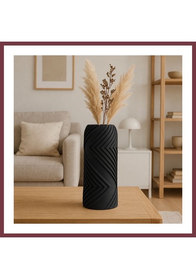 Storeşahin 3d Baskı Vector Vazo - Geometrik Çizgili Dekoratif Vazo-siyah Shn0720