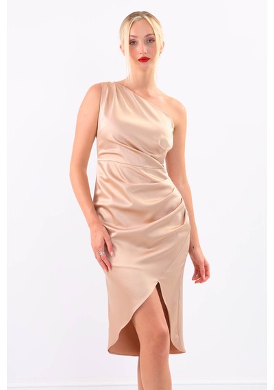 Vitrin Tek Omuz Saten Elbise Gold