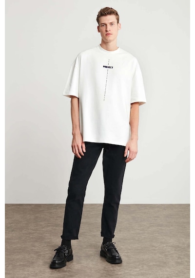 Grimelange Project Erkek Baskı Detaylı Oversize Fit %100 Organik Pamuk Örme Bisiklet Yaka Örme Beyaz T-shirt