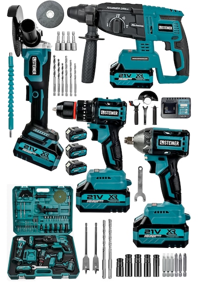 Steiner 21v Darbeli Kömürsüz Kırıcı Delici Hilti & Taşlama & Matkap & Somun Sıkma Sökme 4'lü Set Mavi