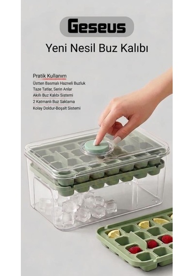 Bas-çıkar Buz Kalıbı 56 Adet Buz Kapasiteli Kapaklı Saklama Kutulu