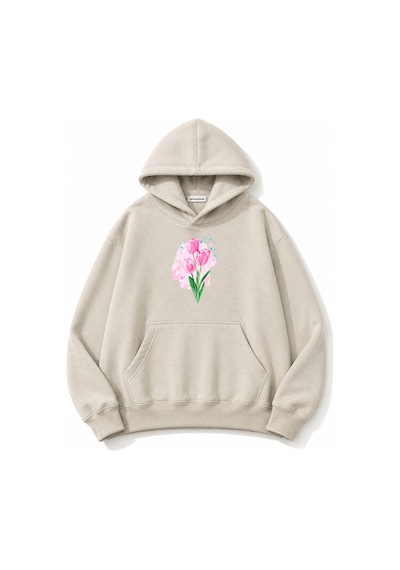 Herkesemoda Lale Baskılı Kapüşonlu 2 İplik Şardonlu Sweatshirt Bej
