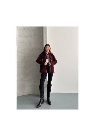 Asur Boutique Asur Butik Kadın Keçeli Kumaş Tokalı Fermuarlı Ceket Bordo