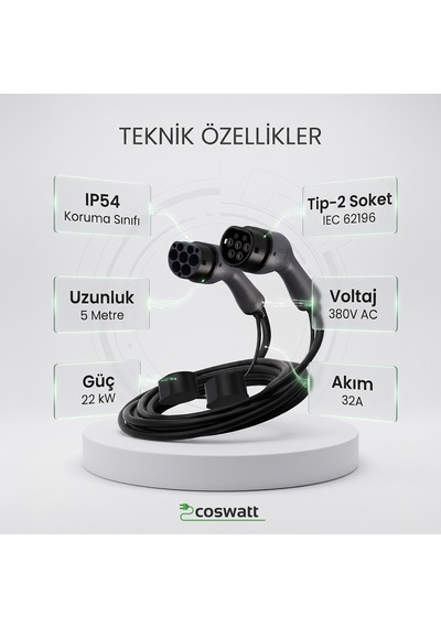 Coswatt Elektrikli Araç Tip-2 Şarj Kablosu 22kW / 32A / 5 Metre / 380V AC / Tip-2 / IEC 62196