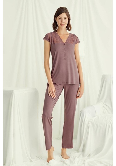 Monamise 18509 Kadın V Yaka Dantelli Düğmeli Kısa Kollu Pijama Takımı-kahve Kahve