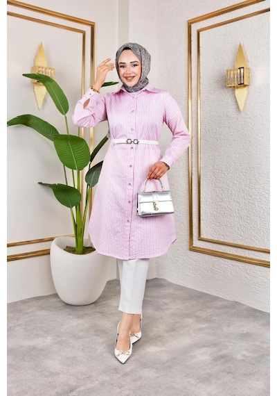 Harman Butik Kemerli Çizgili Keten Gömlek Pembe Pembe