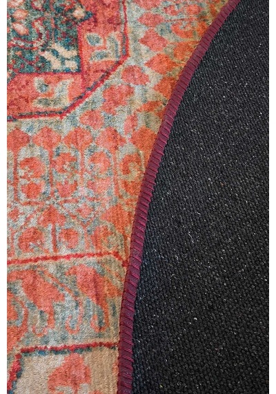 Frenda Home Vintage Desen Pamuk Taban Baskılı Yıkanabilir Oval Halı Kırmızı