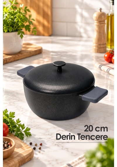 7 Parça Döküm Granit Tencere Sahan Seti Siyah