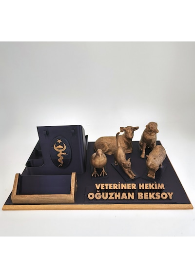 Kişiye Özel Veteriner Hekim Masa İsimliği Ve Kartvizitlik Gold - Siyah