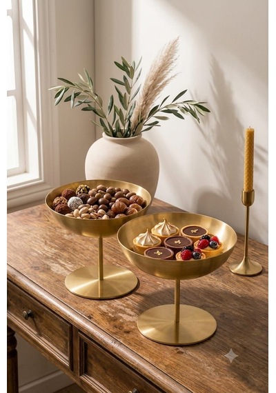 Lüks İnce Ayaklı Gold Metal Çerezlik Ve Sunumluk İkili Set - Dekoratif Tatlılık Ve İkramlık Kasesi