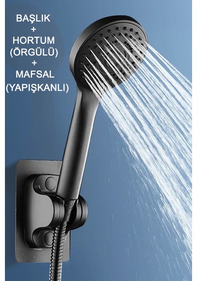 Siyah Mamba 5 Fonksiyonlu Banyo Duş Başlığı 1,5 Metre Hortum Ve Yapışkanlı Mafsal Set Telefon Siyah