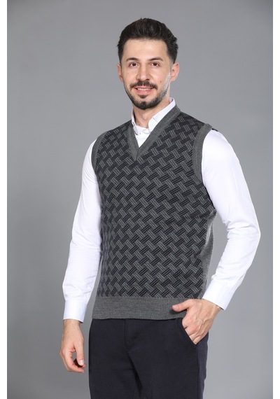 Kzc Tekstil Erkek Baba Ve Orta Yaş Desenli Akrilik Kalın Dokulu V Yaka Triko Süveter Gri