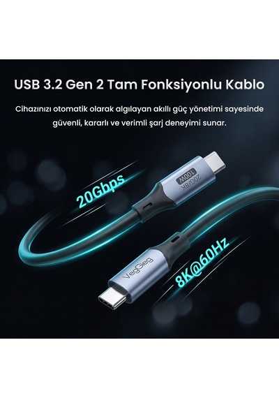 Veggieg 100w 5a Usb 3.2 Gen2 20 Gbps 8k 60hz Type-c Görüntü Şarj Ve Data Kablosu 1 Metre