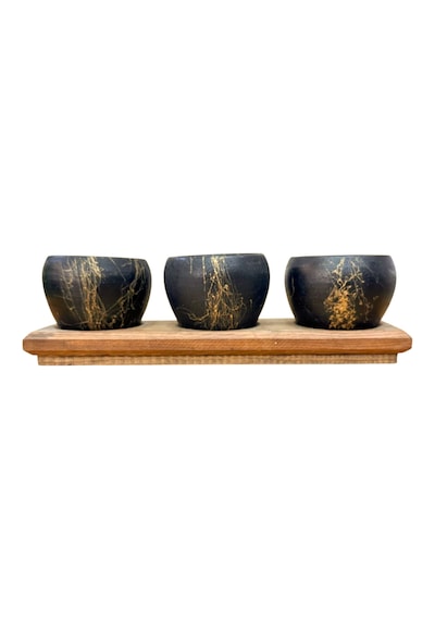 Bitki Tasarımı Black Marble Premium 3'lü Sukulent Kaktüs Saksı Seti Ahşap Standlı Dekoratif Saksılık 0.9 L