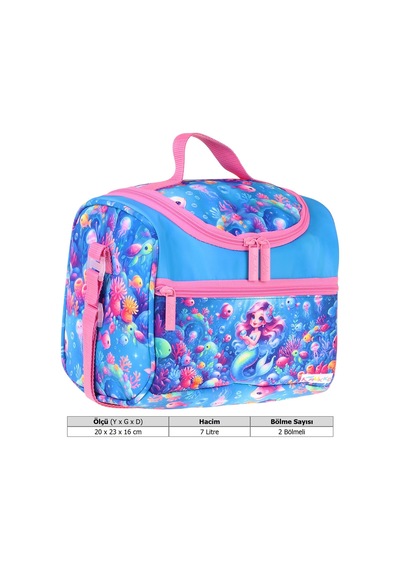 Kaukko Kids Kız Çocuk Mercan Ve Denizkızı Baskılı Isı Yalıtımlı Okul Beslenme Çantası Pembe - Mavi - L5324