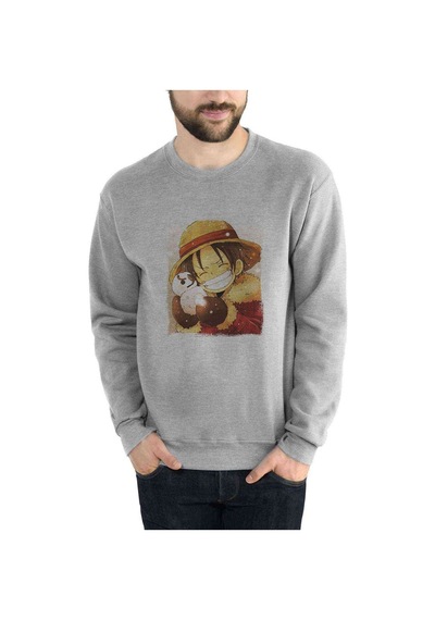 Anime One Piece Luffy Straw Hat Baskılı Gri Erkek Örme Sweat