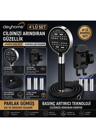 Filtreli Duş Başlığı, 6 Kademeli Su Akışlı, Basınç Artırıcı, Kaymaz Silikon Kaplama, Siyah-gümüş, Pp Filtre 4'lü Set Siyah Altın - Beyaz