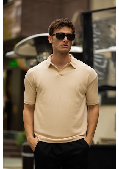 Glasses V Yaka Oversize Fitilli T-shirt - Bej Kahve