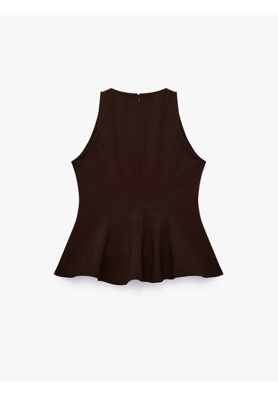Koton Slim Fit Bisiklet Yaka Kolsuz Peplum Bluz Kahverengi 7wak60033pw Kahve