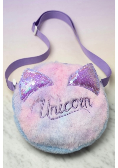 Mollycrush Hediye Kız Çocuk Unicorn Yazı Tasarımlı Peluş Çanta Ayarlanabilir Askılı Renk Geçişli Model Mor