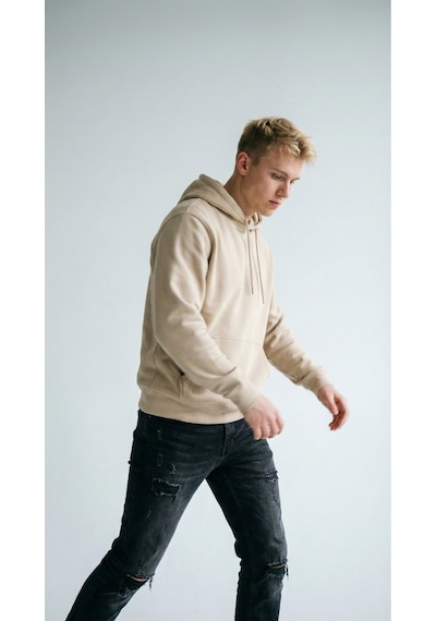 Hoxie Unisex Rahat Kesim Pamuklu Yumuşak Dokulu İçi Polarlı Basic Desenli Kapüşonlu Sweatshirt Bej