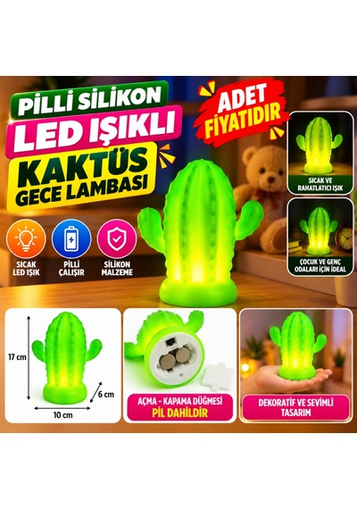 Pilli Silikon Led Işıklı Sevimli Kaktüs Gece Lambası Aydınlatması Adet  -