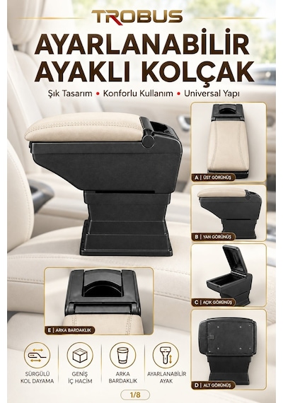 Trobus Dacia Lodgy 2012-2022 Uyumlu Ayarlanabilir Ayaklı Kolçak Kol Dayama Bardaklıklı Bej Siyah