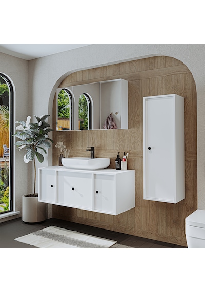 Oval Lavabolu Mat Mdf 120 Cm Banyo Dolabı + Aynalı Dolabı Beyaz Mat Beyaz
