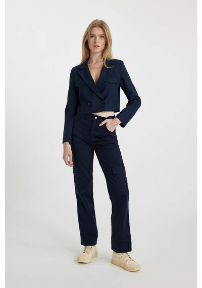 DeFacto Coool Straight Fit Gabardin Pantolon Kargo Cepli Yüksek Bel B0458AX23AUNV28 Lacivert