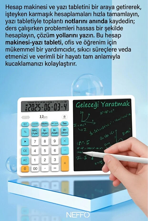 Güneş Enerjili Hesap Makinesi Yazı Tableti 12 Haneli Lcd Ekran Silinebilir Dijital Beyaz