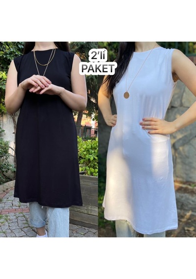 Kadın Sıfır Kol Penye Uzun Tunik İçlik Siyah Beyaz 2 Adet 001