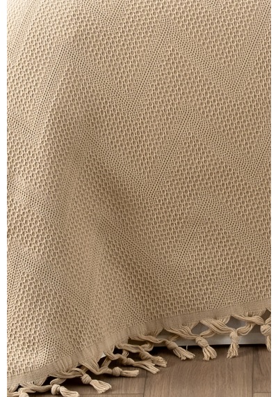%100 Pamuk Çift Kişilik Bağlama Saçaklı Pike-220x240 Cm-kapuçino Cappuccıno Cappuccino