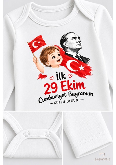 Babyden's İlk 29 Ekim Cumhuriyet Bayramım Baskılı Bebek Çıtçıtlı Body Uzun Kollu %100 Pamuk Unisex Zıbın Badi Beyaz - Kırmızı
