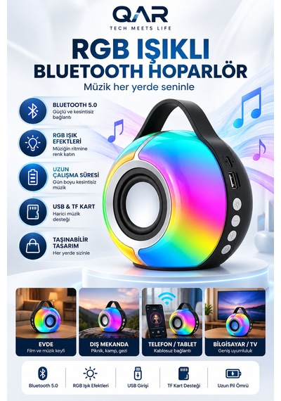 Rgb Led Işıklı Bluetooth Hoparlör Usb Ve Hafıza Kartı Destekli Taşınabilir Mini Ses Bombası Siyah