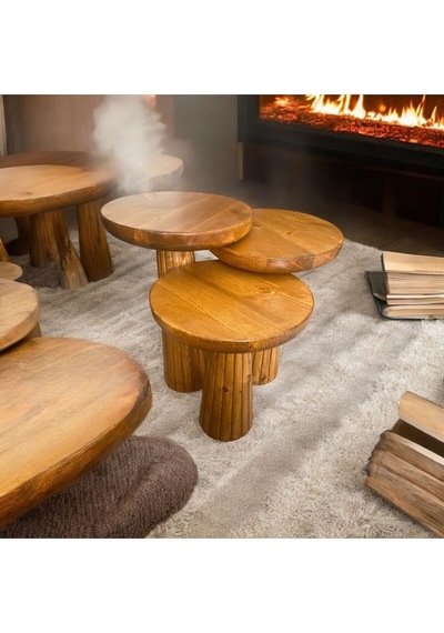 Simillo Wood Wooden Ahşap 3 Lü Set Fitilli Mantar Yan Sehpa Modern Tik Ağacı Renk Fiskos Tik Ağacı