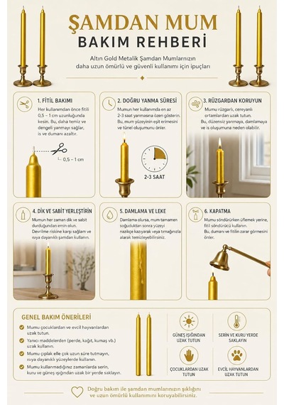 2'li Altın Gold Metalik Şamdan Mum Seti 25 Cm Dekoratif İnce Şamdan Mum, Kokusuz Parafin Wax,%100 Pamuk Fitil, E Çok Renkli