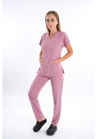 Unisex Pudra Soft Likra Doktor Scrubs Hemşire Cerrahi Nöbet Takım Üniforma Pudra Pudra