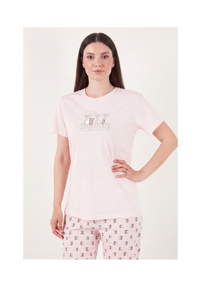 Lela Desenli Pamuklu Bisiklet Yaka Kaprili Pijama Takımı Bayan Pijama Takımı 65790787 Pudra