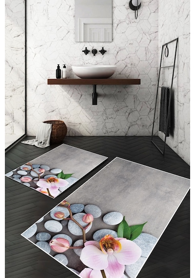 Dijital Baskılı Yıkanabilir Taş Desenli Kaymaz Taban 2'li Banyo Paspas Seti Renkli
