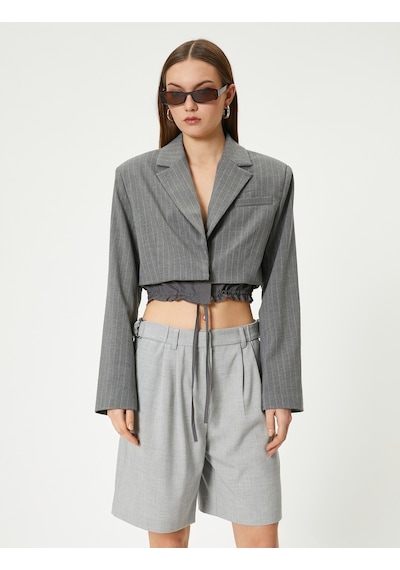 Koton Crop Blazer Ceket Bel Detaylı Bağlamalı Kruvaze Ters Yaka Gri Çizgili 4sal50012ıw Gri