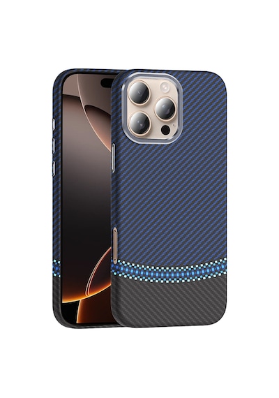 Noktaks - İphone 16 Pro Uyumlu Kılıf Magsafe Özellikli Karbon Fiber Görünümlü Gros Kapak - Siyah-lacivert - T36934