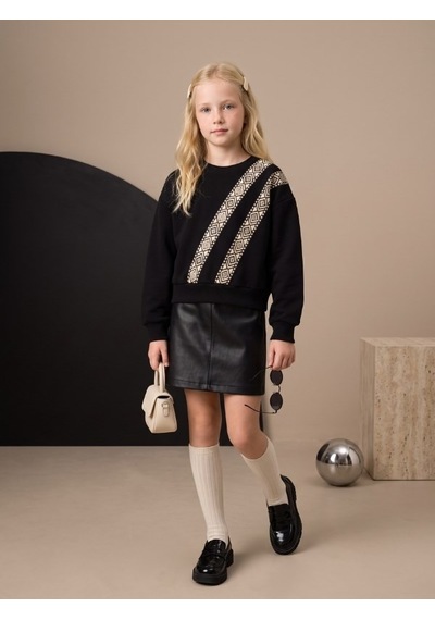 Zekids Kız Çocuk Siyah Etnik Desenli Şerit Detaylı Sweatshirt-17447