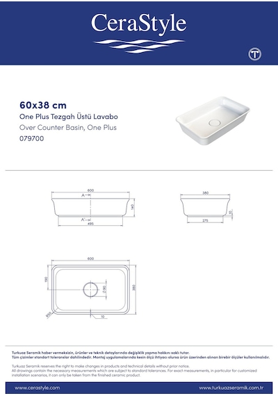 Turkuaz Cerastyle One Plus Tezgahüstü Lavabo 60 38 Cm Beyaz
