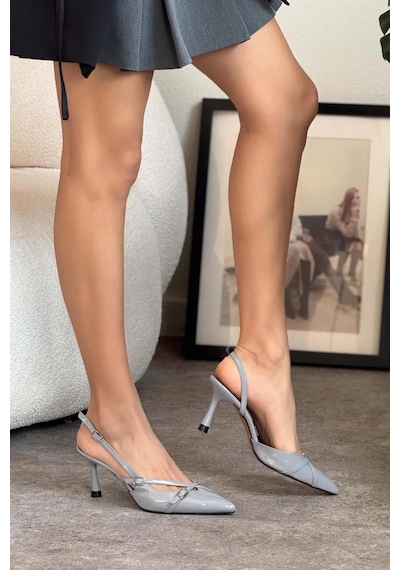Stilbagshoes Linda Çift Bant Toka Detaylı Kadın Topuklu Ayakkabı Gri Gri