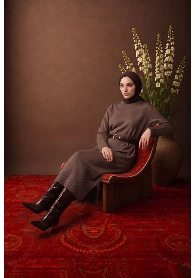 Armine Trend Yaprak Desenli Bisiklet Yaka Uzun Kollu Fitilli Detaylı Tunik Mocha 26ktd408