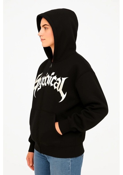 Defymoda Oversize Kapüşonlu Sweatshirt Hoodie 3 İplik Şardonlu Pamuklu Kumaş, Önü Baskılı, Fermuarlı Rahat K Siyah