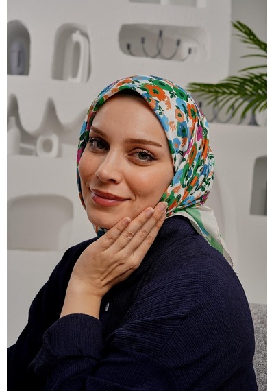 Afvente Çiçek Desen Soft Pamuk Eşarp Yeşil